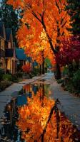 Vibrant autumn foliage reflects in a puddle on a serene street lined with quaint houses during early evening photo