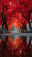 Vibrant autumn foliage reflects on serene water in a peaceful park setting during early morning light photo