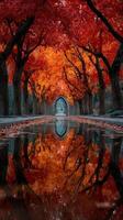 Vibrant autumn foliage reflects in tranquil water at a serene garden pathway photo