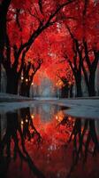 Autumn trees with vibrant red leaves reflect in a tranquil puddle along a quiet pathway in a serene park photo
