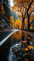 Autumn road with vibrant orange trees and reflective puddles after rain in a mountainous area photo