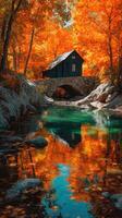 Vibrant autumn landscape with a rustic cabin over a serene river in a forested area photo