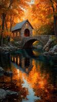 Colorful autumn landscape with a historic stone bridge and cabin reflecting in calm waters photo