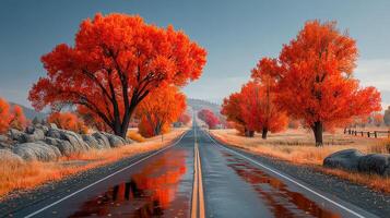 Vibrant autumn road lined with orange trees under a cloudy sky in a serene rural landscape photo