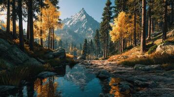 Majestic autumn landscape featuring mountains and a serene river in a tranquil forest setting photo