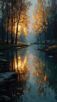 Golden autumn reflections in a tranquil forest river at dawn photo