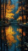 Autumn reflections in a tranquil forest pond during twilight with warm orange foliage photo