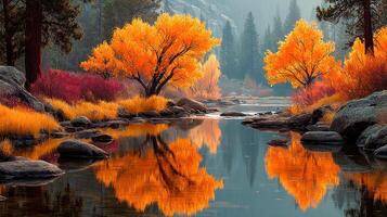 Autumn landscape features vibrant trees and serene water reflections in a tranquil natural setting photo
