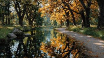 Scenic autumn landscape featuring vibrant trees reflected in calm water along a serene pathway photo