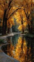 Vibrant autumn colors reflect in a tranquil park pond surrounded by trees on a serene afternoon photo