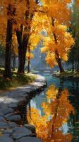 Autumn colors reflect on a calm river in a peaceful park setting during late afternoon photo