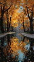 Vibrant autumn reflections along a tranquil park path in the heart of the city photo
