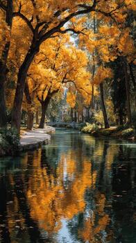 Autumn colors reflect on a tranquil river surrounded by golden trees in a serene park setting photo