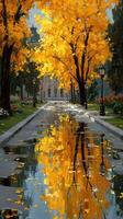 Vibrant autumn leaves reflecting in puddles on a tranquil pathway in a serene park photo