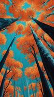Vibrant orange trees against a clear blue sky create a stunning canopy in a tranquil forest during autumn photo