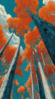 Vibrant orange trees tower over the forest floor under a blue sky on a sunny autumn day photo