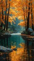 Autumn leaves reflect vividly in a serene river surrounded by tall trees in a tranquil forest setting photo