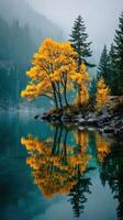 Vibrant autumn tree reflections in serene lake with misty mountains in the background photo