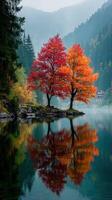 Vibrant autumn reflections of two trees beside a serene lake in the mountains photo