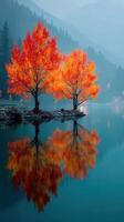 Vibrant autumn trees reflect in tranquil lake surrounded by misty mountains at dawn photo