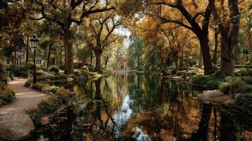 Autumn colors reflect in tranquil waters of a peaceful park in mid-afternoon sunlight photo