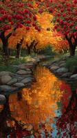 Vibrant apple orchard in autumn with a tranquil stream reflecting colorful foliage photo