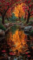 Autumn apple orchard with vibrant colors reflected in a serene stream at golden hour photo