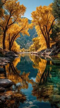 Autumn trees reflecting on a tranquil river in a serene natural landscape during daylight photo