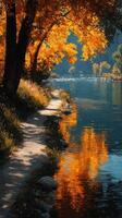 Vibrant autumn leaves reflect on serene river bank during a sunny afternoon by the water photo