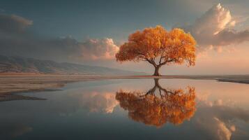 Majestic autumn tree reflects in calm water during golden hour at peaceful landscape photo