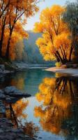 Autumn colors reflect in a serene river surrounded by vibrant trees at sunrise photo