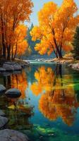 Bright autumn trees reflect on serene river surface surrounded by vivid foliage at midday photo