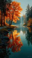 Autumn reflection of trees along a serene river at dawn with vibrant orange foliage photo