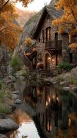 Charming stone house by the serene river in a vibrant autumn setting with warm lighting photo