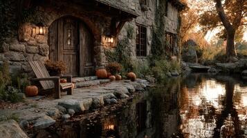 Charming autumn scene with a rustic cottage by a serene waterway and pumpkins on display in the warm evening light photo