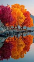 Vibrant autumn trees reflect in calm waters at sunrise in a serene landscape photo