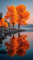 Vibrant autumn trees reflect on calm lake at sunrise in serene countryside setting photo