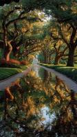 Serene garden pathway with reflecting pond and majestic oak trees at golden hour in a lush landscape photo