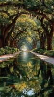 Majestic tree-lined pathway reflected in calm water creating a serene atmosphere in a lush garden during midday photo