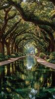 Serene pathway through lush trees reflecting on calm water in a tranquil park setting photo