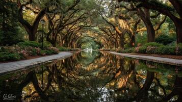 Serene canal reflecting majestic oak trees at sunset in a tranquil park setting photo
