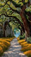 Pathway adorned with vibrant foliage and moss-covered trees near a serene body of water in the afternoon sunlight photo