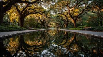 Serene reflection along tree-lined canal in a southern park during golden hour photo