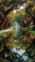 Serene waterway bordered by majestic oak trees draped in Spanish moss during a sunny afternoon in a quiet park photo