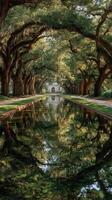 Reflections on a serene canal surrounded by majestic oak trees at a tranquil park during golden hour photo