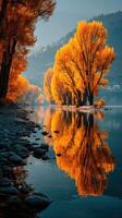 Autumn trees reflecting over calm water at an iconic lakeside location in the late afternoon light photo