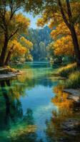 Serene river landscape with golden autumn trees reflecting in calm water under clear blue sky photo