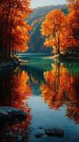 Vibrant autumn trees reflecting in calm lake water at sunset in a peaceful natural setting photo