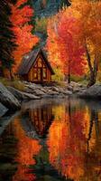 Colorful autumn landscape featuring a rustic cabin near a tranquil lake with vibrant trees and reflections photo