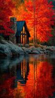 Vibrant autumn landscape with a cozy cabin near a reflective lake amidst red foliage photo